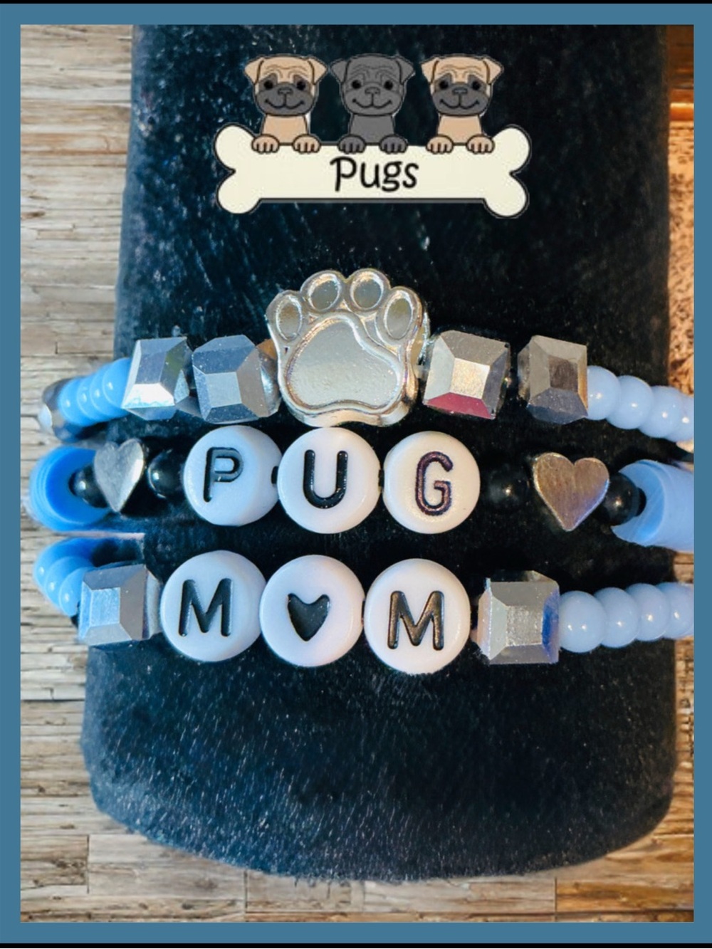 3 piece Pug Mom Paw Beaded Pet Bracelet Set